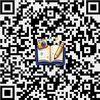QR-Code mit Snapbook-Motiv: offenes Buch, Kamera und Stift